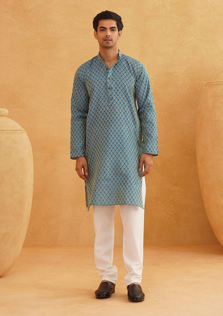 Blue Ethnic Motifs Poly Blend Kurta Set For Men