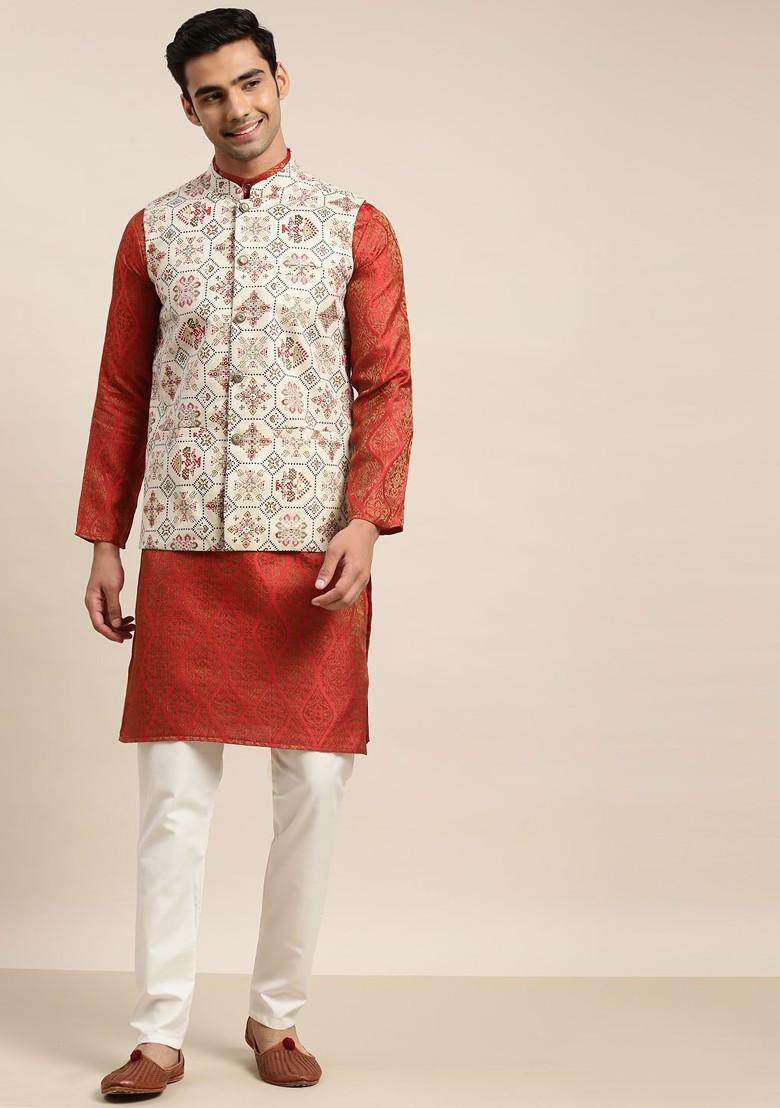 Red Ethnic Motifs Poly Blend Kurta Set For Men