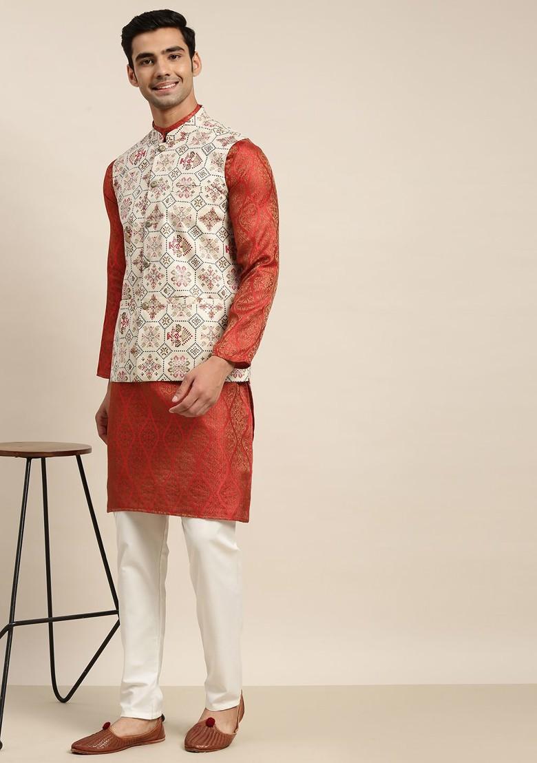 Red Ethnic Motifs Poly Blend Kurta Set For Men