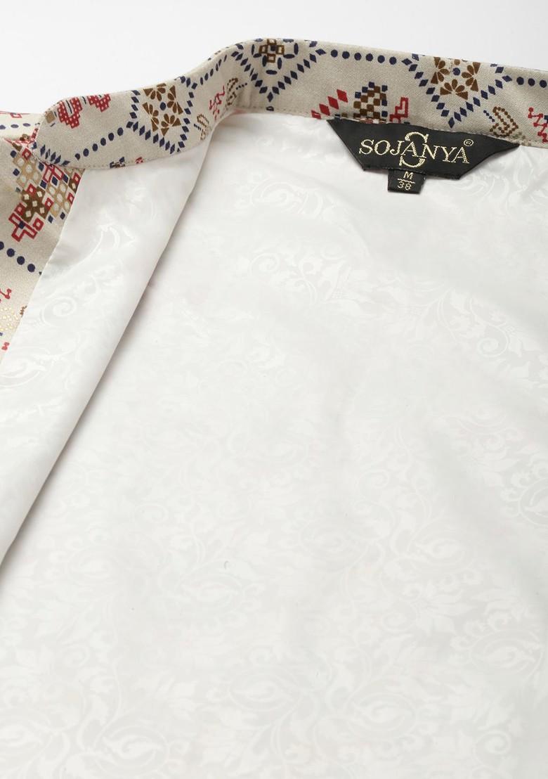 Red Ethnic Motifs Poly Blend Kurta Set For Men