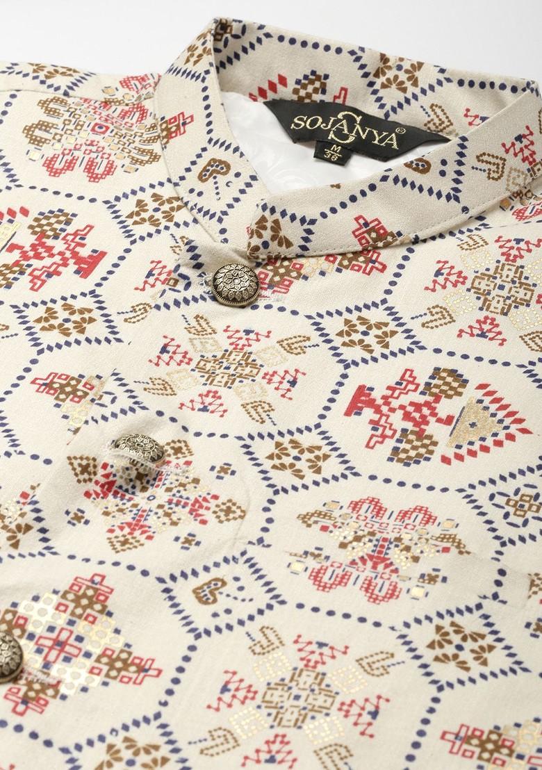 Red Ethnic Motifs Poly Blend Kurta Set For Men