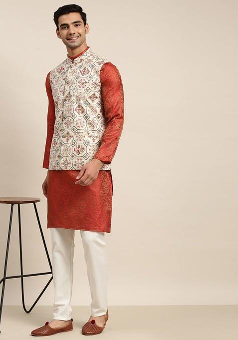 Red Ethnic Motifs Poly Blend Kurta Set For Men