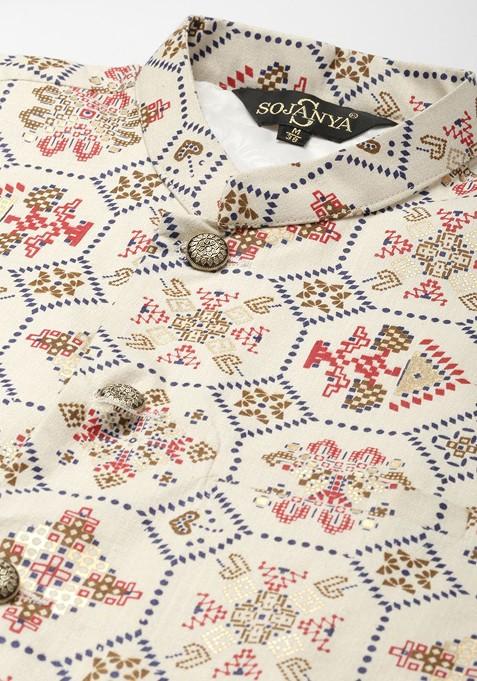 Red Ethnic Motifs Poly Blend Kurta Set For Men