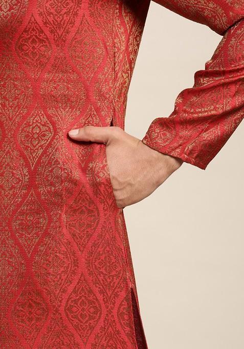 Red Ethnic Motifs Poly Blend Kurta Set For Men