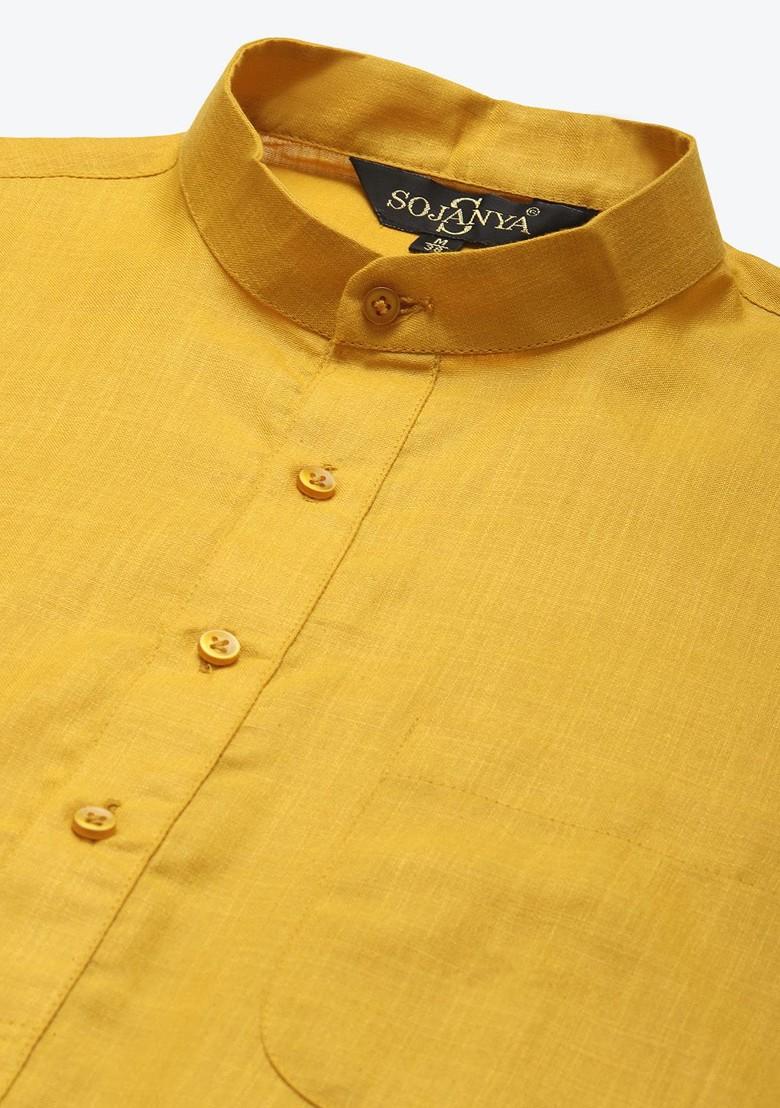 Mustard Mirror Work Cotton Kurta Set For Men
