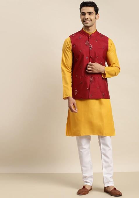 Mustard Mirror Work Cotton Kurta Set For Men