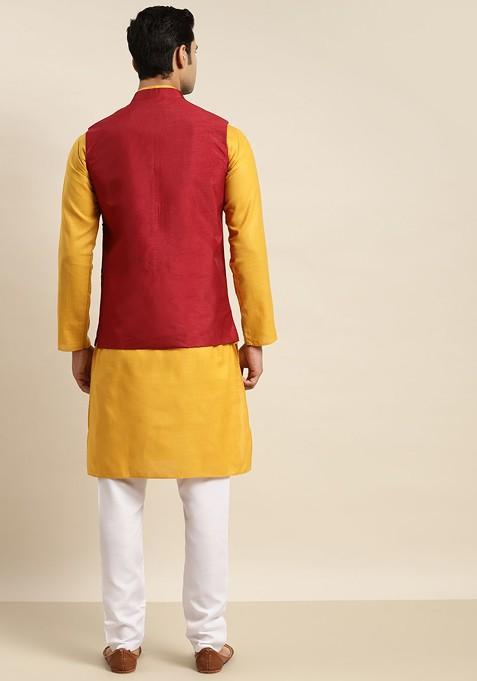 Mustard Mirror Work Cotton Kurta Set For Men