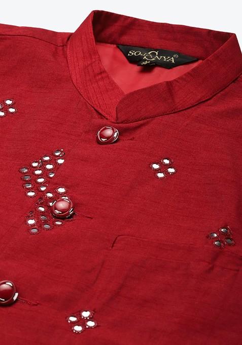 Mustard Mirror Work Cotton Kurta Set For Men