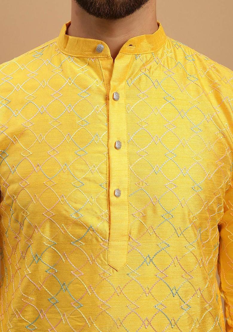 Mustard Embroidered Poly Blend Kurta Set For Men
