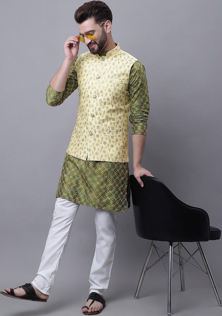 Olive Thread Work Poly Blend Kurta Set For Men