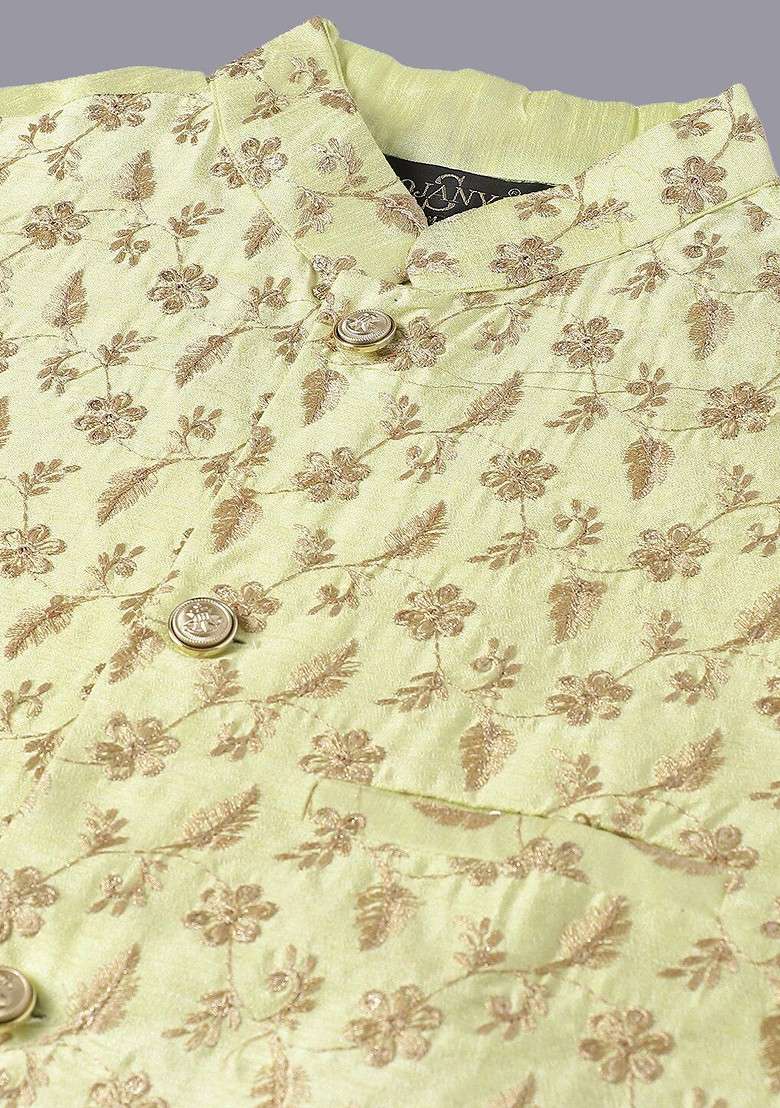 Olive Thread Work Poly Blend Kurta Set For Men - Indya
