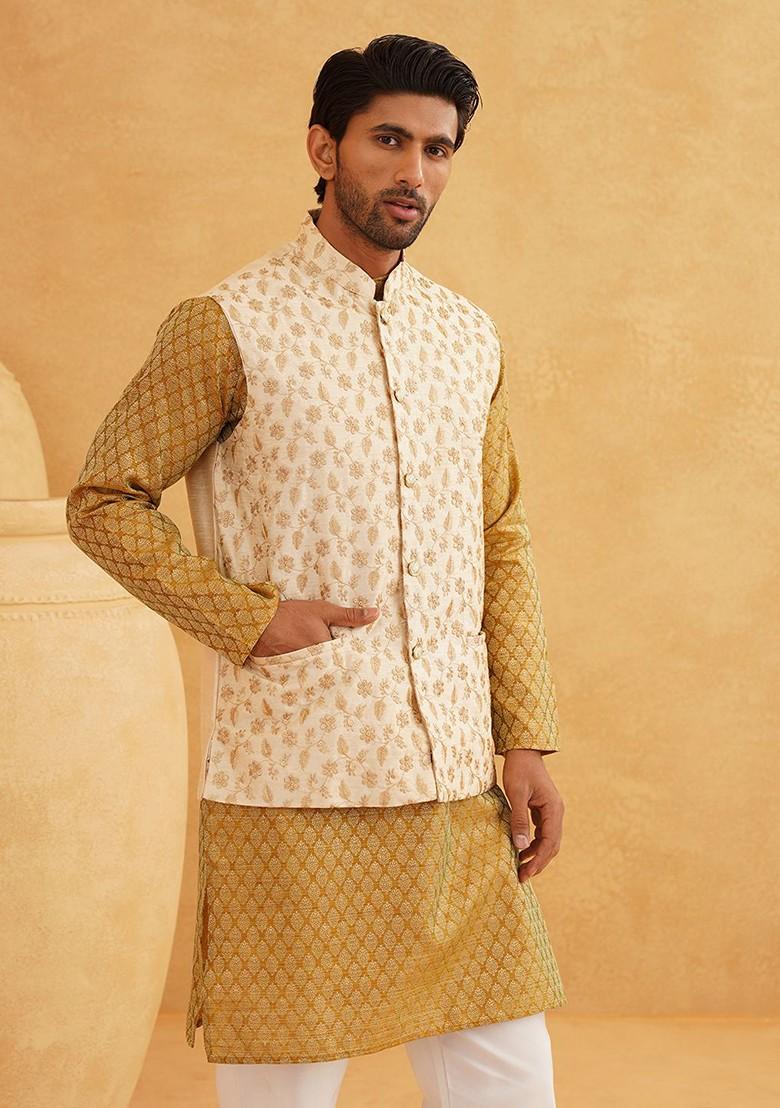 Mustard Solid Poly Blend Kurta Set For Men