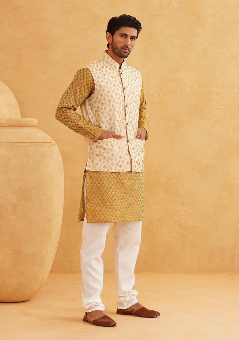 Mustard Solid Poly Blend Kurta Set For Men