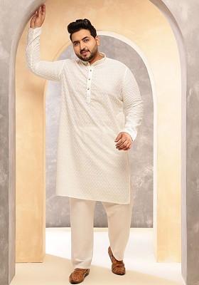 Cream Embroidered Cotton Kurta Set For Men