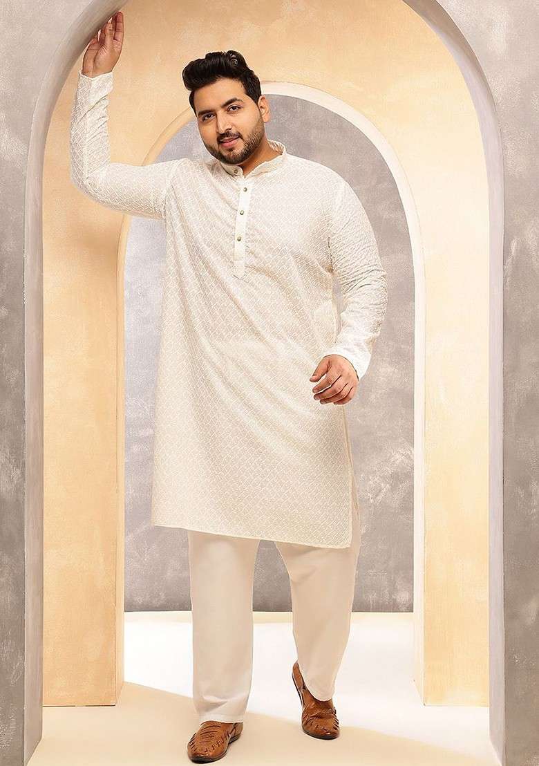 Cream Embroidered Cotton Kurta Set For Men - Indya
