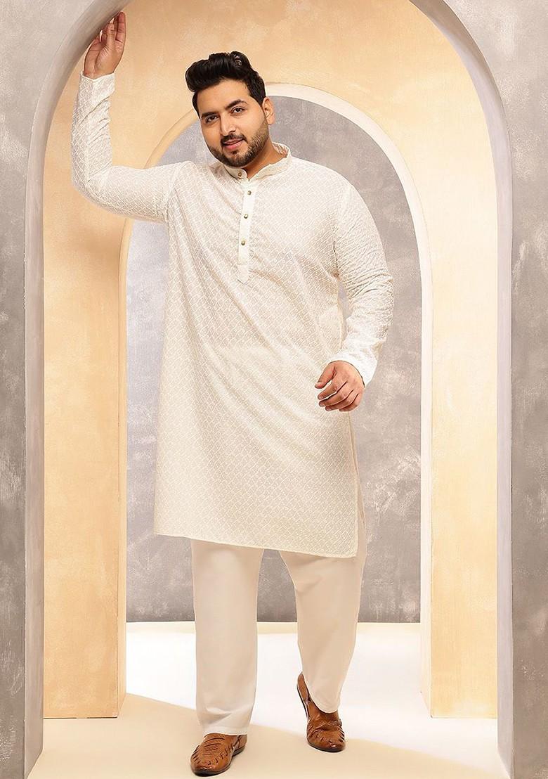 Cream Embroidered Cotton Kurta Set For Men