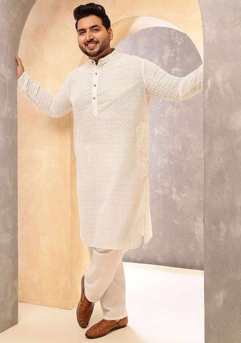 Cream Embroidered Cotton Kurta Set For Men - Indya