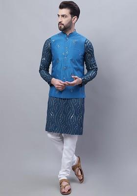 Teal Blue Embroidered Cotton Kurta Set For Men