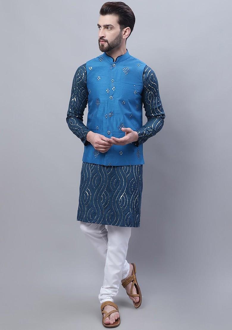 Teal Blue Embroidered Cotton Kurta Set For Men