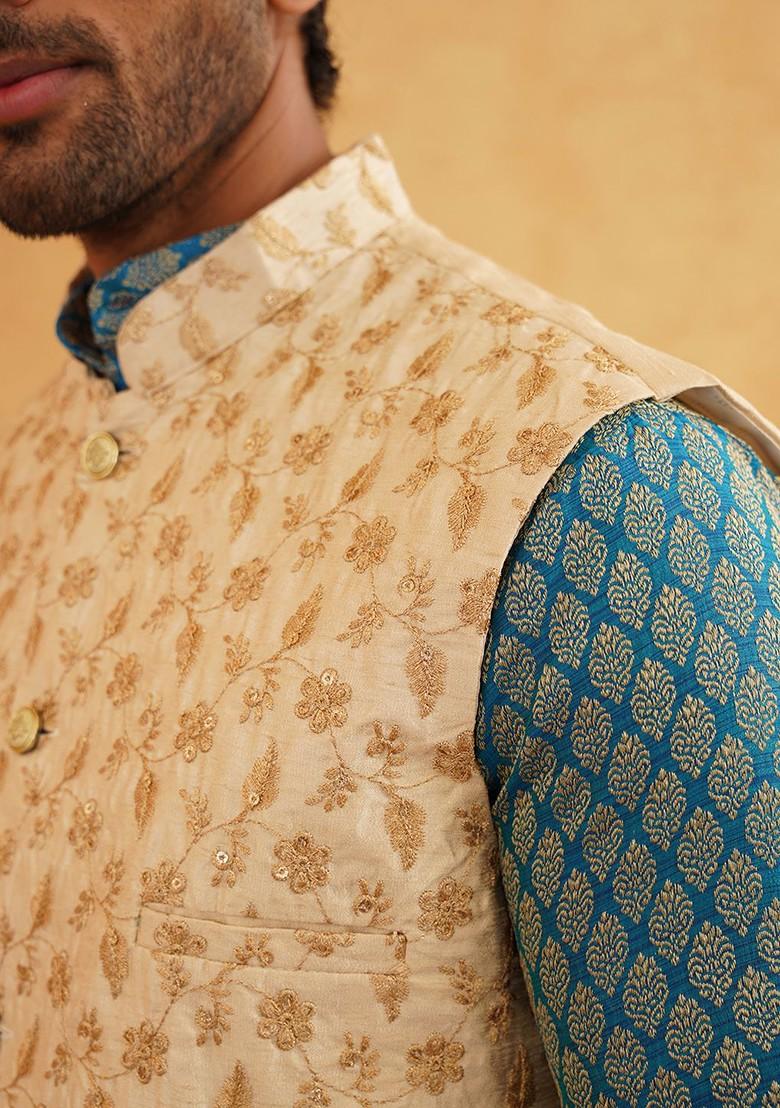 Blue Woven Poly Blend Kurta Set For Men