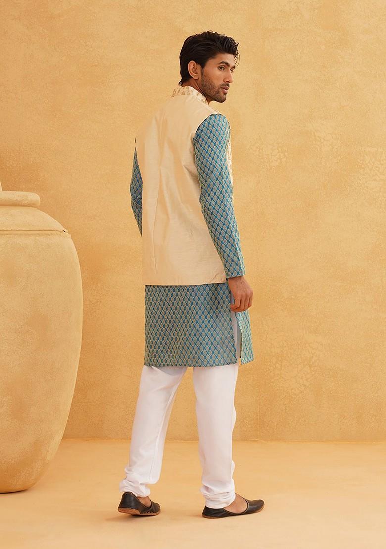 Blue Woven Poly Blend Kurta Set For Men