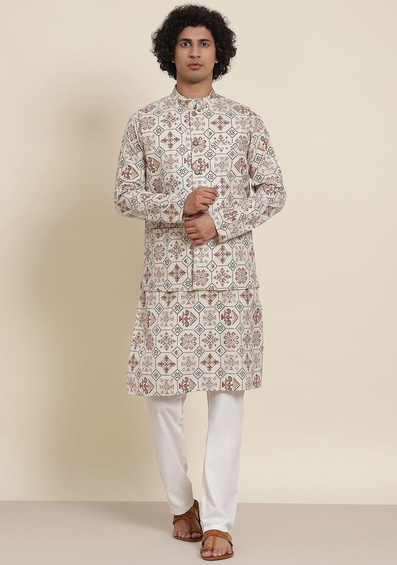 Cream Ethnic Motifs Poly Blend Kurta Set For Men