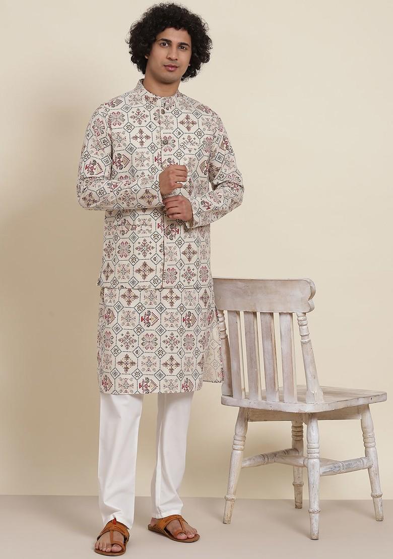 Cream Ethnic Motifs Poly Blend Kurta Set For Men