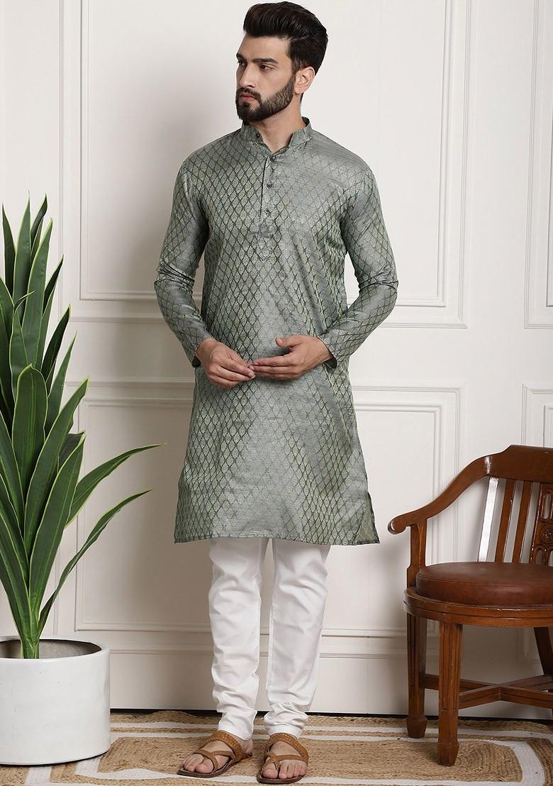 Blue Woven Poly Blend Kurta Set For Men