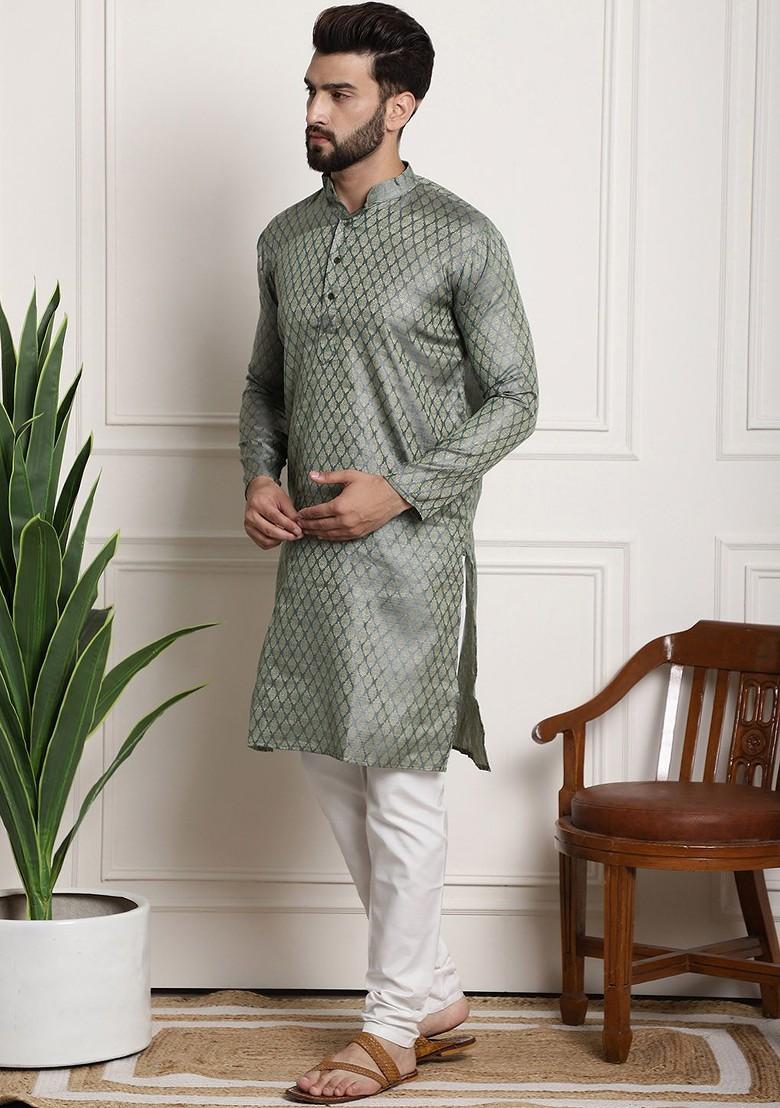 Blue Woven Poly Blend Kurta Set For Men