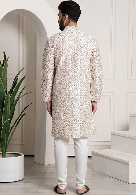 Cream Printed Cotton Kurta Set For Men