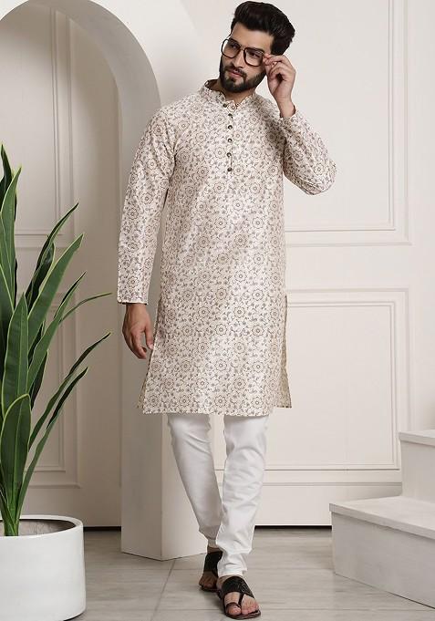 Cream Printed Cotton Kurta Set For Men