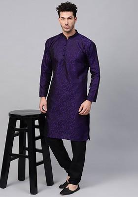 Purple Woven Jacquard Kurta Set For Men