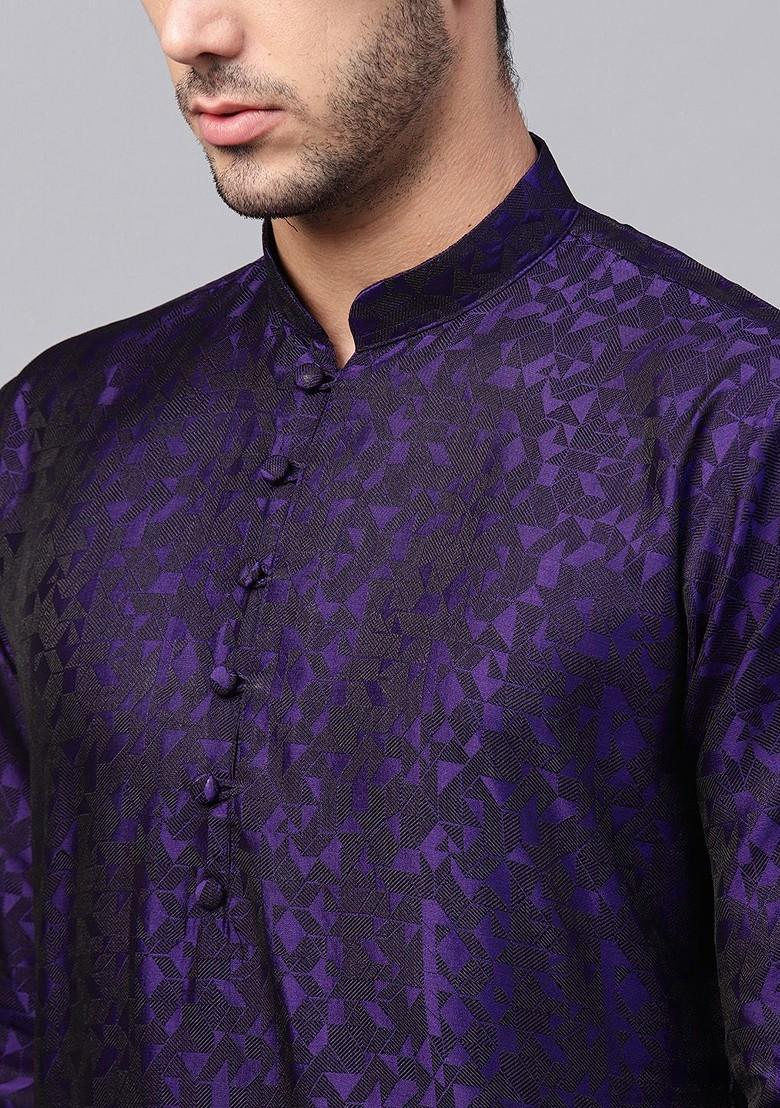 Purple Woven Jacquard Kurta Set For Men