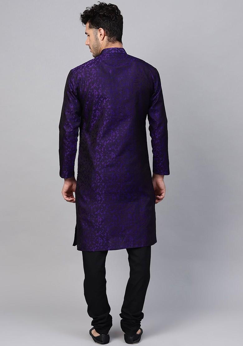 Purple Woven Jacquard Kurta Set For Men