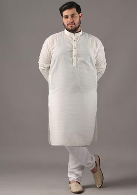 Cream Embroidered Cotton Kurta Set For Men