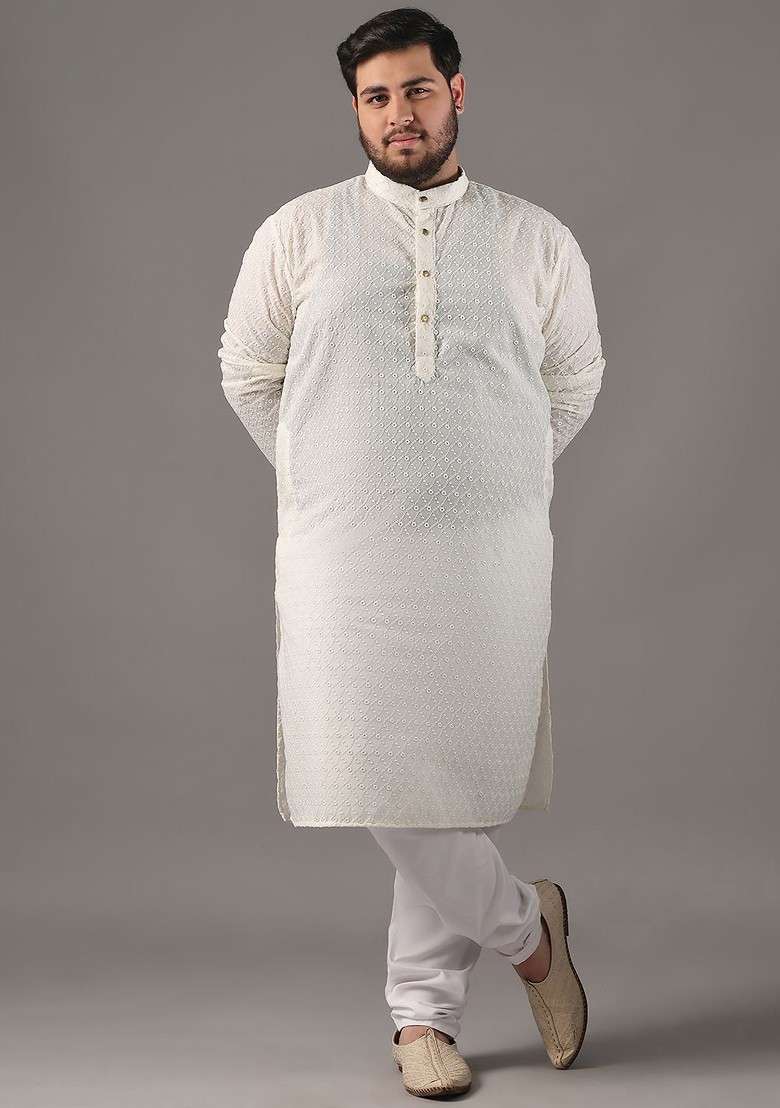 Cream Embroidered Cotton Kurta Set For Men - Indya