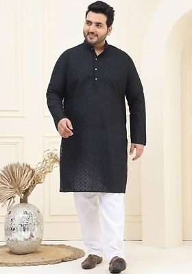 Black Thread Work Cotton Kurta Set For Men