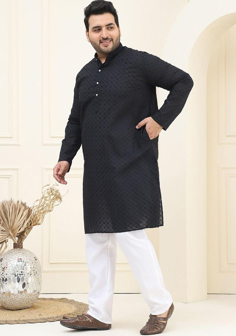 Black Thread Work Cotton Kurta Set For Men