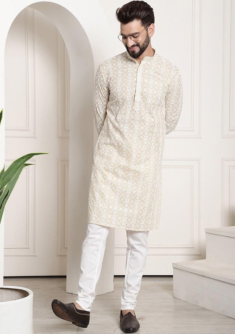 Beige Thread Work Cotton Kurta Set For Men