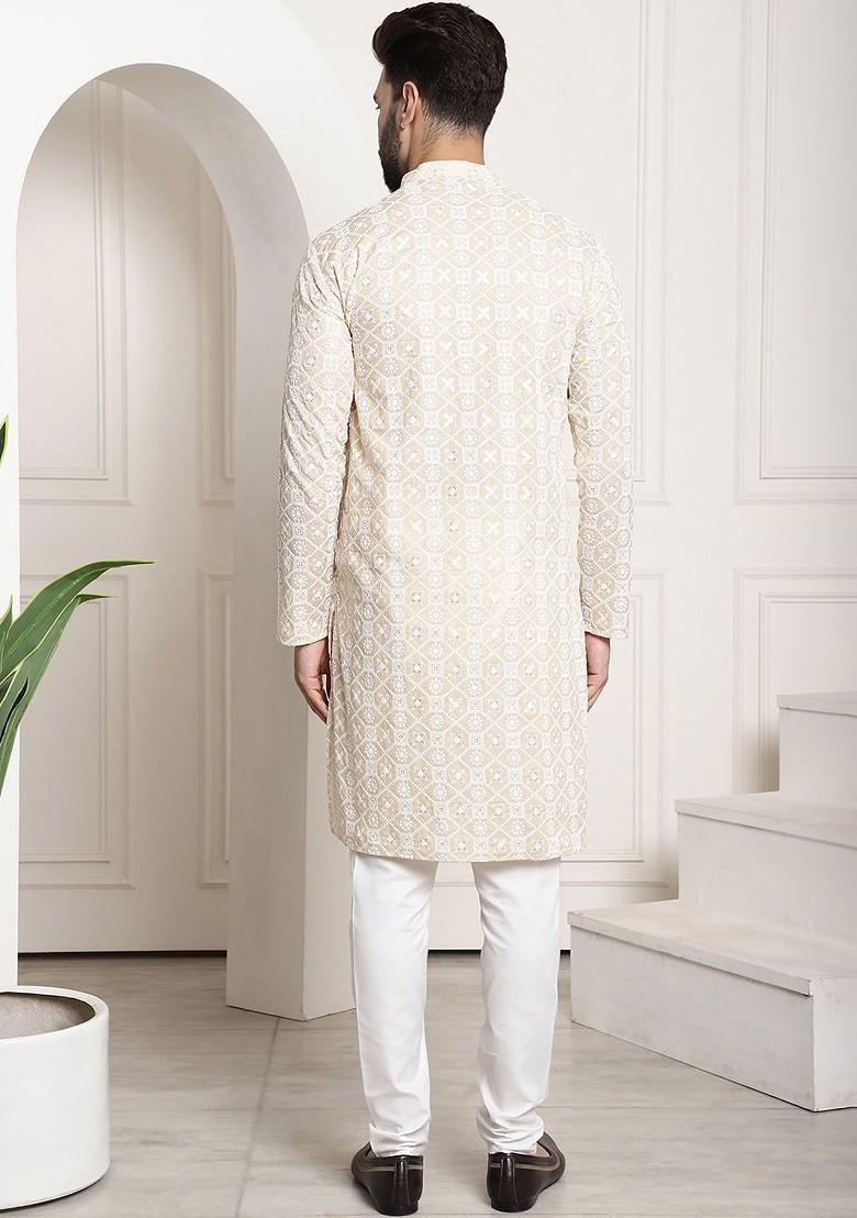 Beige Thread Work Cotton Kurta Set For Men