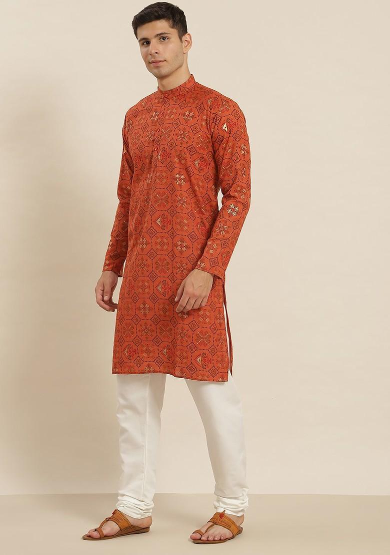 Orange Printed Poly Blend Kurta Set For Men