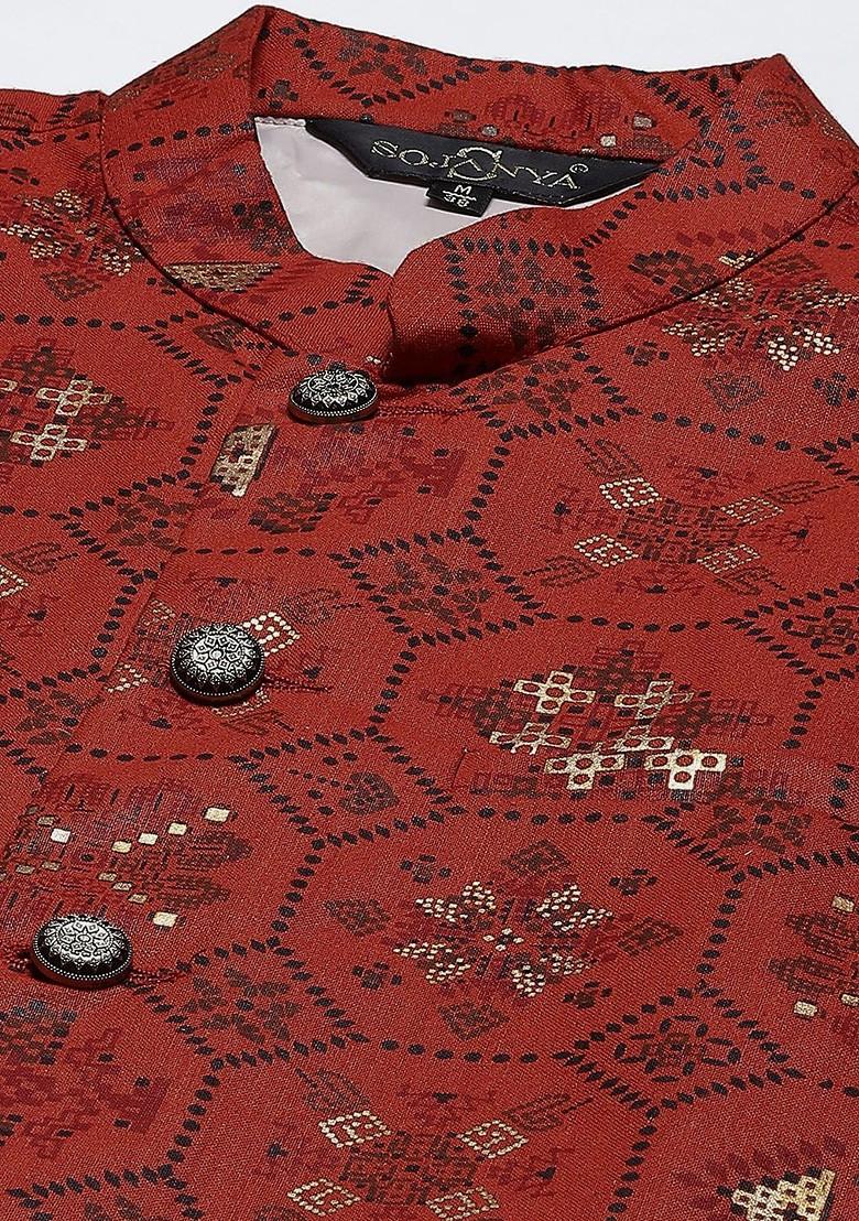 Orange Printed Poly Blend Kurta Set For Men