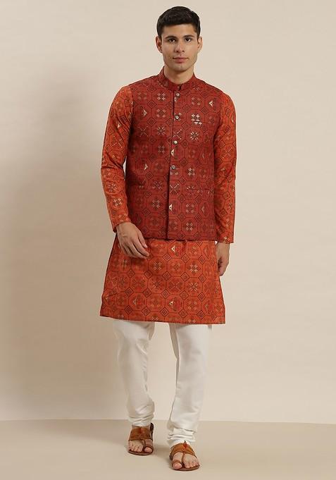 Orange Printed Poly Blend Kurta Set For Men
