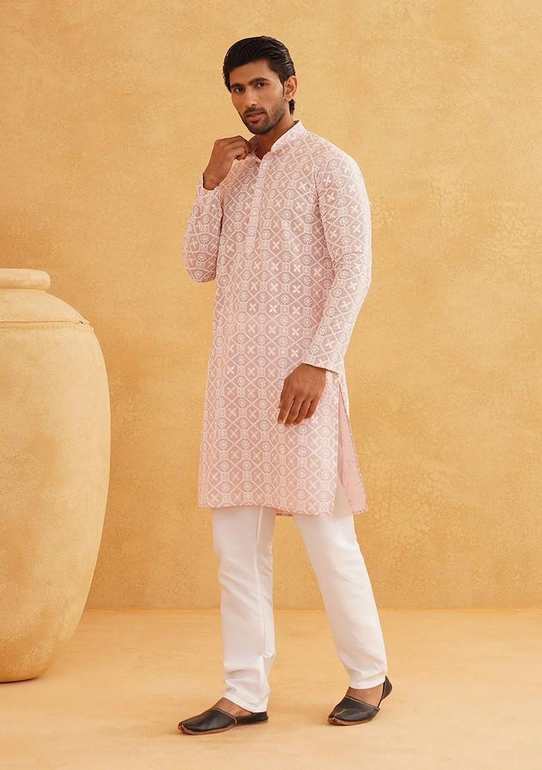 Pink Embroidered Cotton Kurta Set For Men