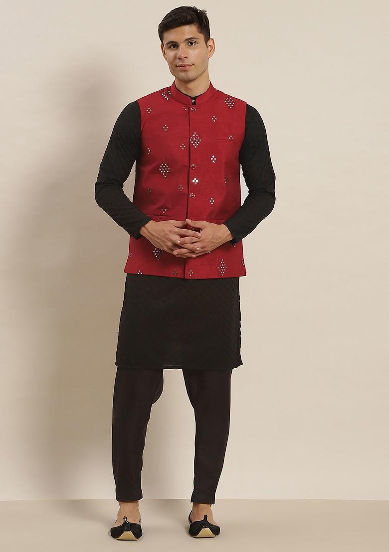 Black Solid Cotton Kurta Set For Men