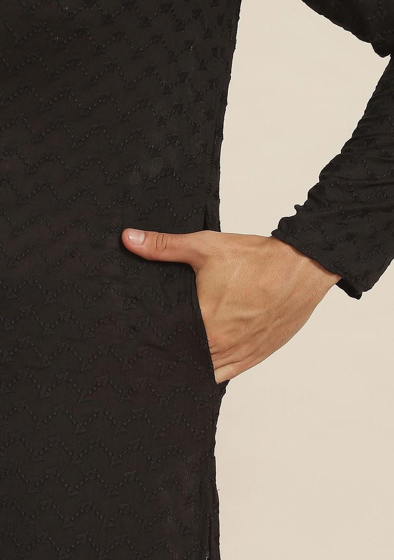 Black Solid Cotton Kurta Set For Men
