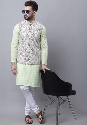 Lime Green Embroidered Cotton Kurta Set For Men