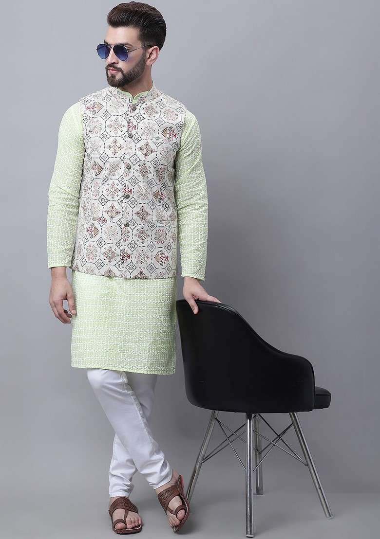 Lime Green Embroidered Cotton Kurta Set For Men - Indya