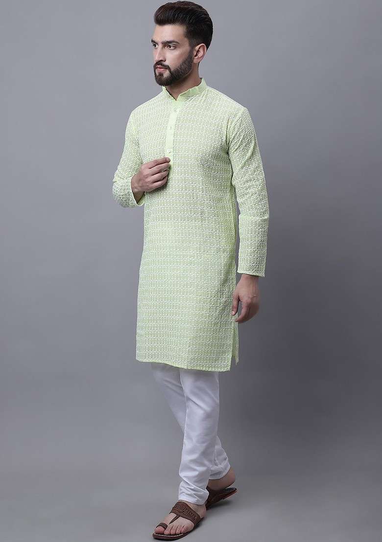 Lime Green Embroidered Cotton Kurta Set For Men - Indya