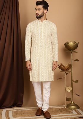 Beige Embroidered Cotton Kurta Set For Men